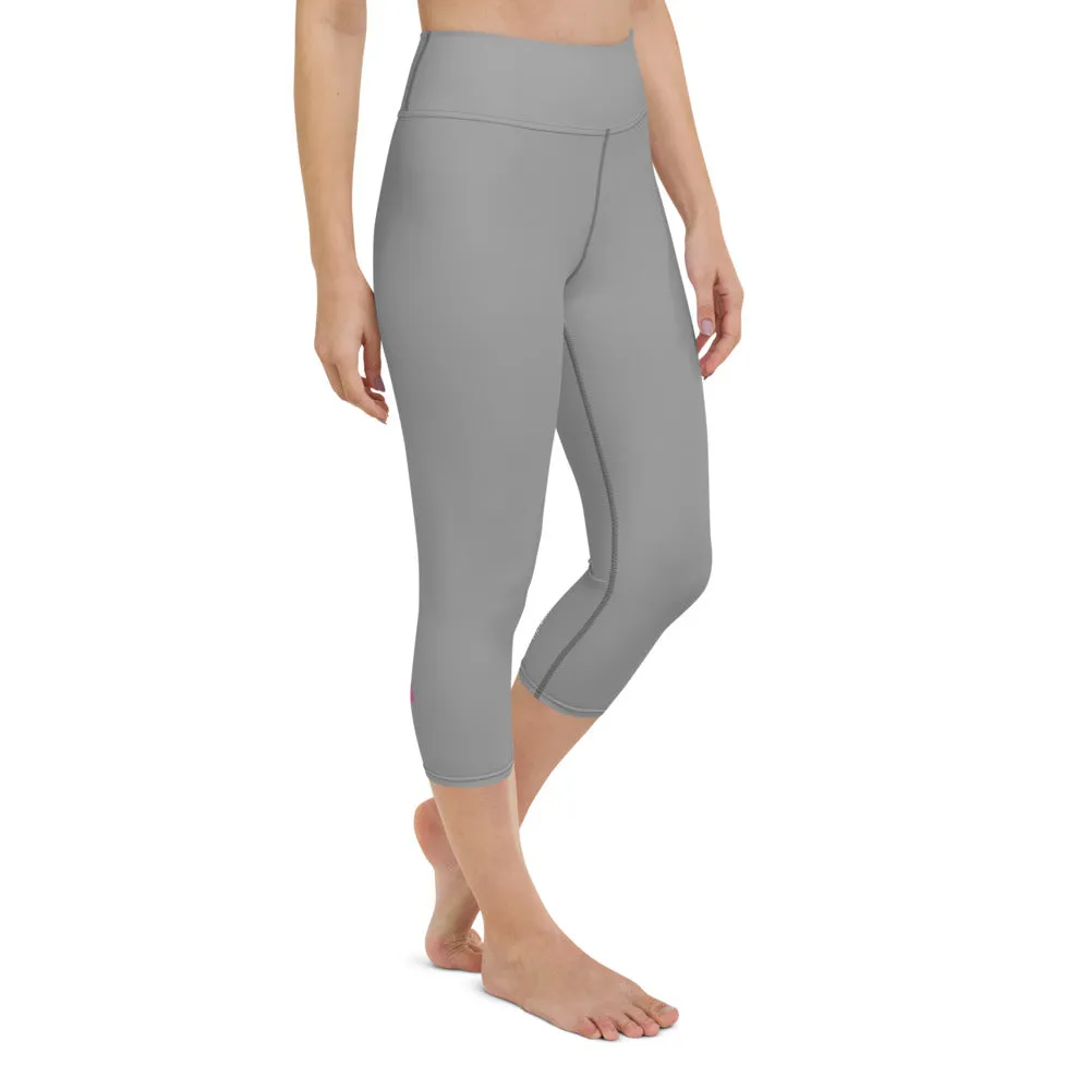 Ash Grey Yoga Capri Leggings, Solid Color Mid-Calf Length Activewear For Women-Made in USA/EU