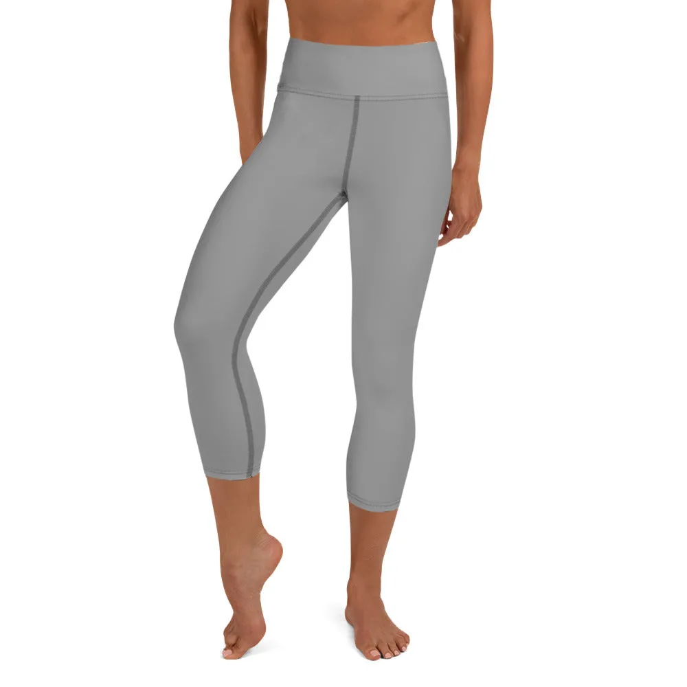 Ash Grey Yoga Capri Leggings, Solid Color Mid-Calf Length Activewear For Women-Made in USA/EU