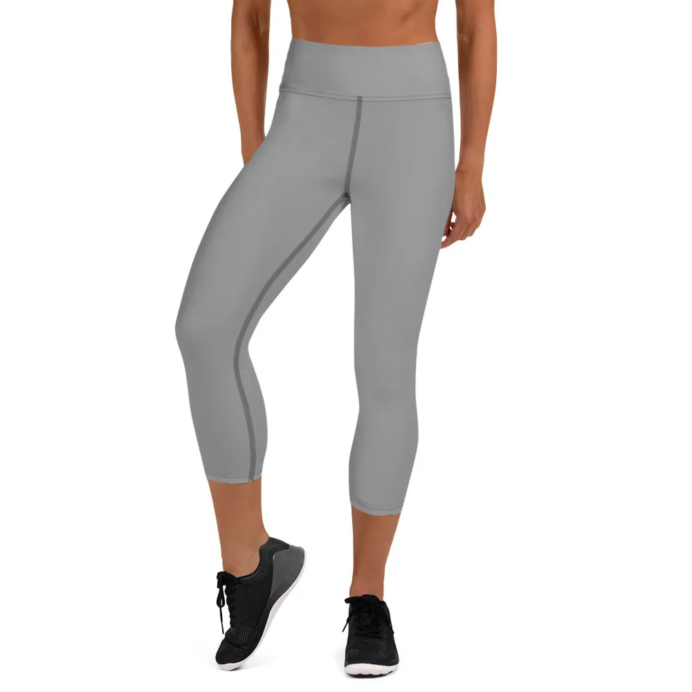 Ash Grey Yoga Capri Leggings, Solid Color Mid-Calf Length Activewear For Women-Made in USA/EU