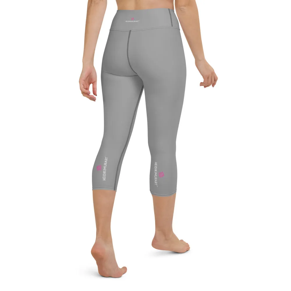 Ash Grey Yoga Capri Leggings, Solid Color Mid-Calf Length Activewear For Women-Made in USA/EU