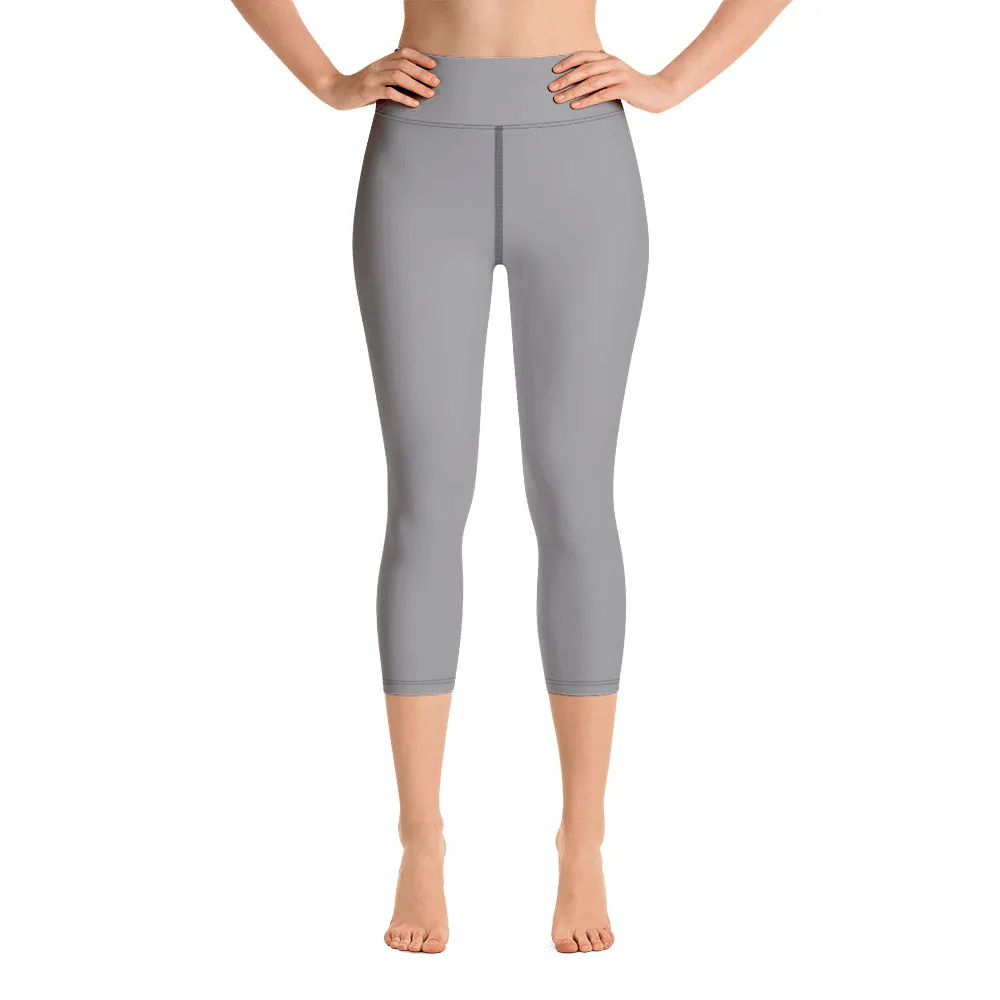 Ash Grey Yoga Capri Leggings, Solid Color Mid-Calf Length Activewear For Women-Made in USA/EU