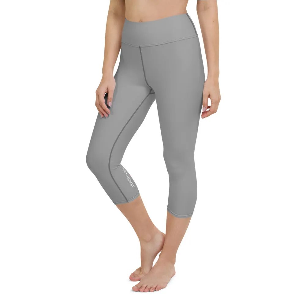 Ash Grey Yoga Capri Leggings, Solid Color Mid-Calf Length Activewear For Women-Made in USA/EU