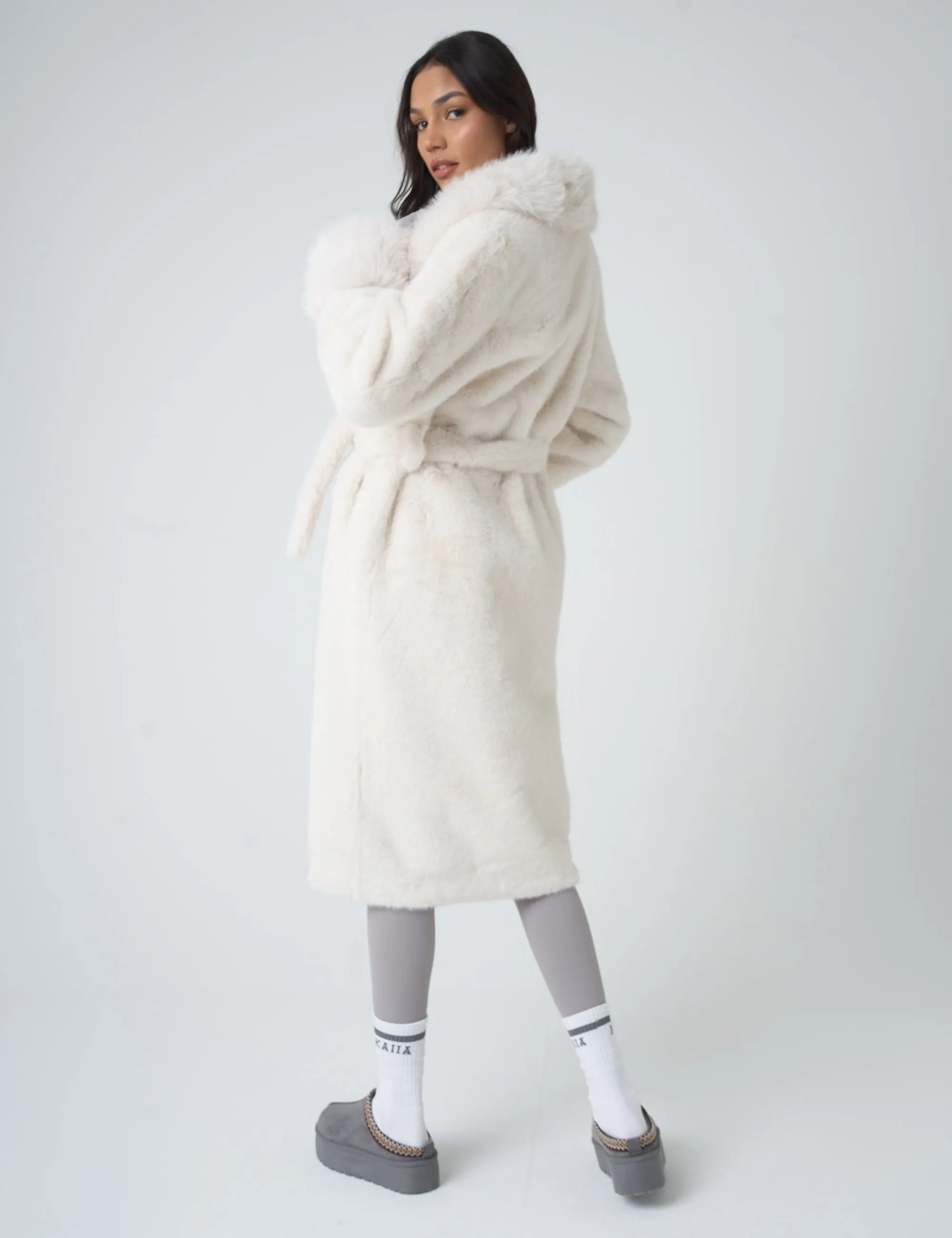 Belted Faux Fur Long Coat White