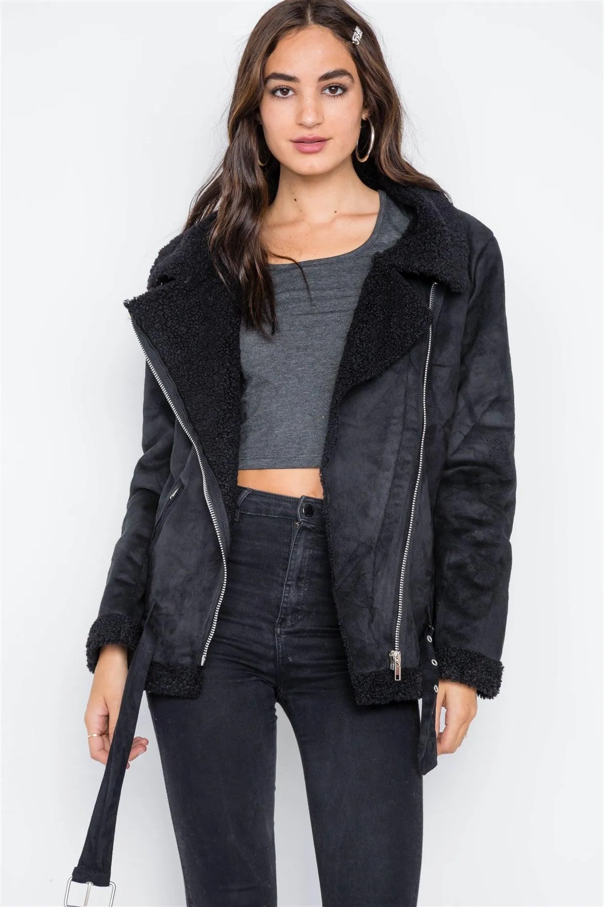 Black Faux Fur Moto Zip-Front Jacket /1-2-2