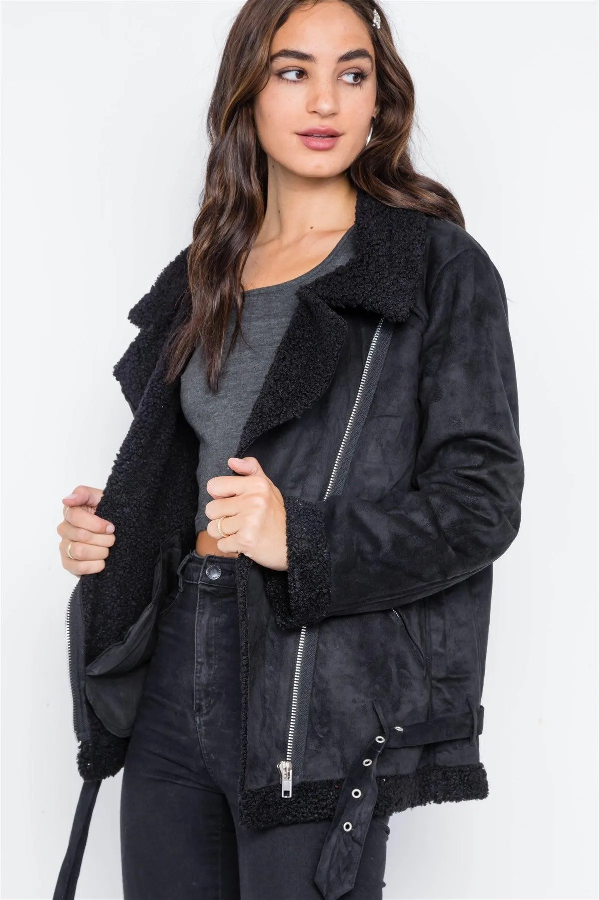 Black Faux Fur Moto Zip-Front Jacket /1-2-2