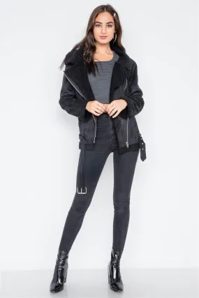 Black Faux Fur Moto Zip-Front Jacket /1-2-2