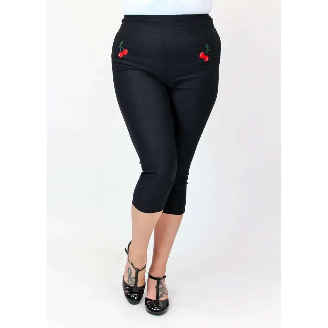 Black Pin Up High Waist Capri Pants with Embroidered Cherries [Available in Sizes SM-L]