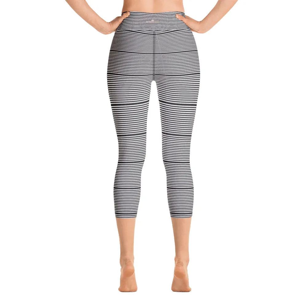 Black Striped Yoga Capri Leggings, Best Women's Horizontally Stripes Modern Capris Tights