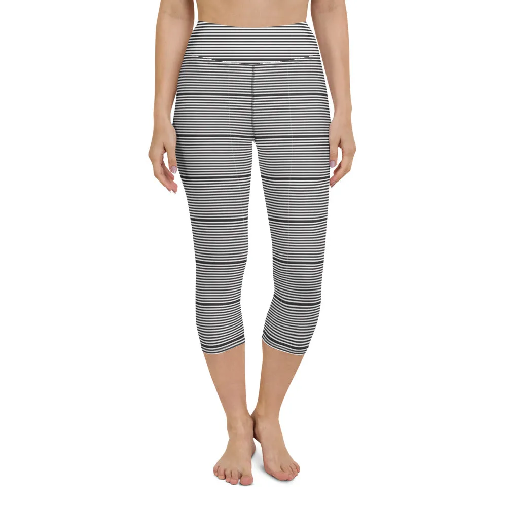 Black Striped Yoga Capri Leggings, Best Women's Horizontally Stripes Modern Capris Tights