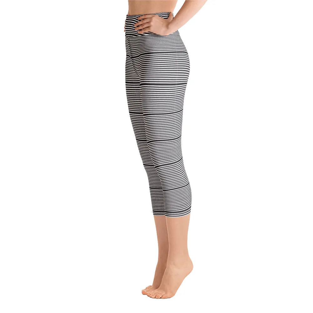 Black Striped Yoga Capri Leggings, Best Women's Horizontally Stripes Modern Capris Tights