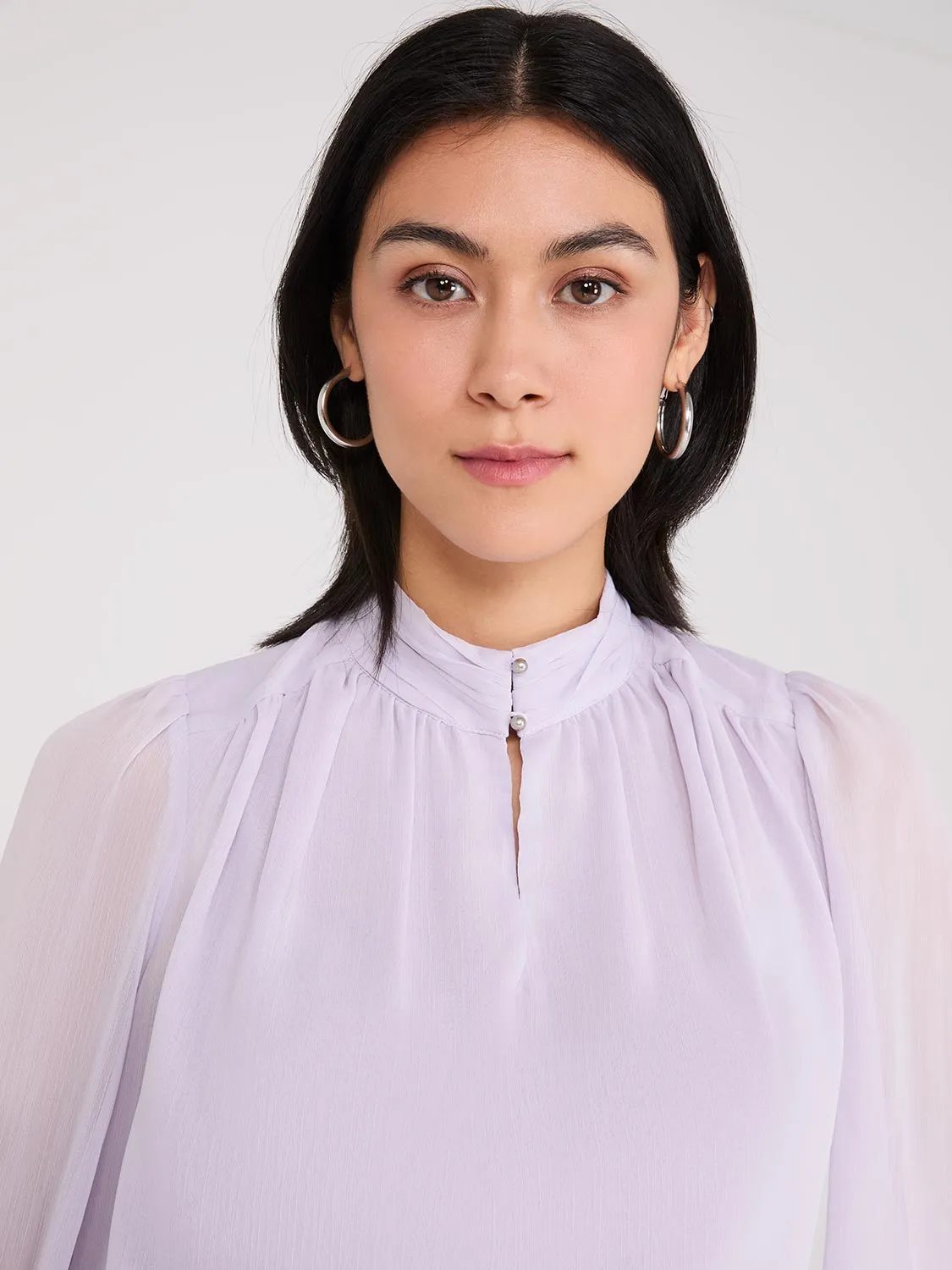 Button-Up Mock Neck Chiffon Blouse