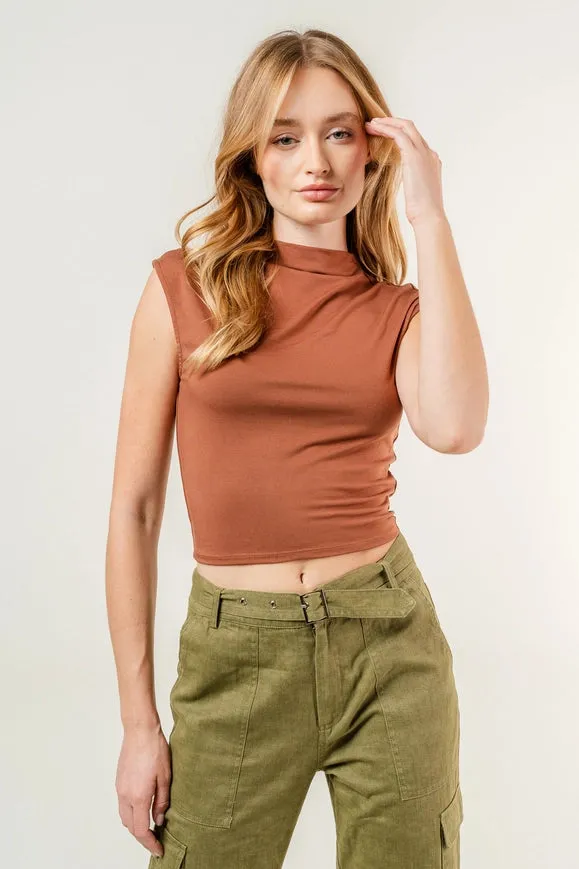 Chic Mock Neck Cap Sleeve Ruched Crop Top