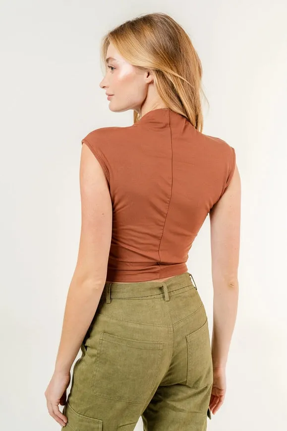 Chic Mock Neck Cap Sleeve Ruched Crop Top