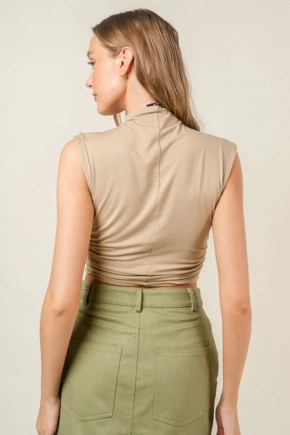 Chic Mock Neck Cap Sleeve Ruched Crop Top