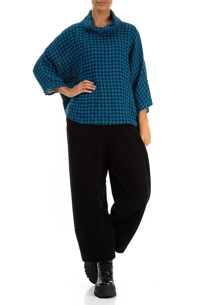 Cowl Neck Blue Check Linen Blouse