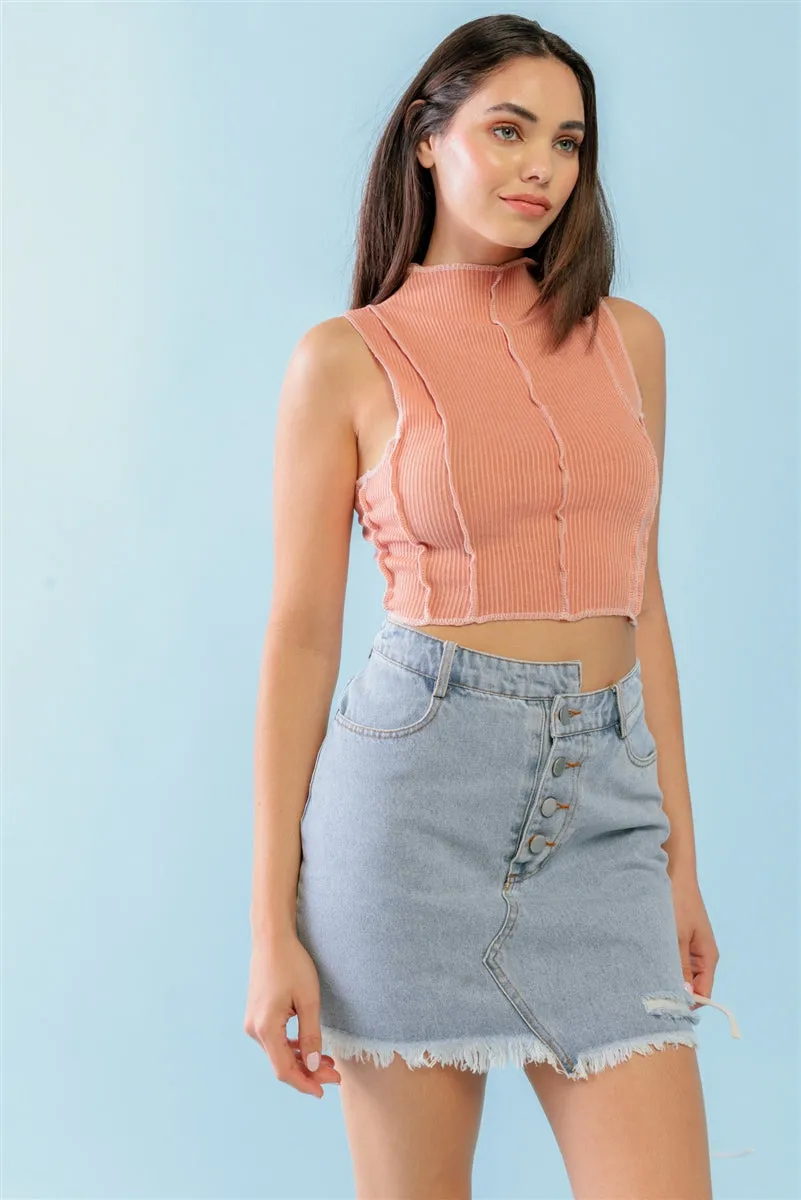 Dark Peach Ribbed Sleeveless Mock Neck Crop Top