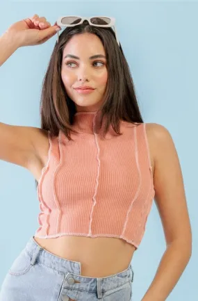 Dark Peach Ribbed Sleeveless Mock Neck Crop Top