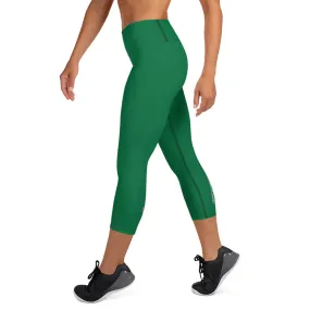 Designer Green Yoga Capri Leggings, Solid Color Women's Workout Gym Tights-Made in USA/EU/MX