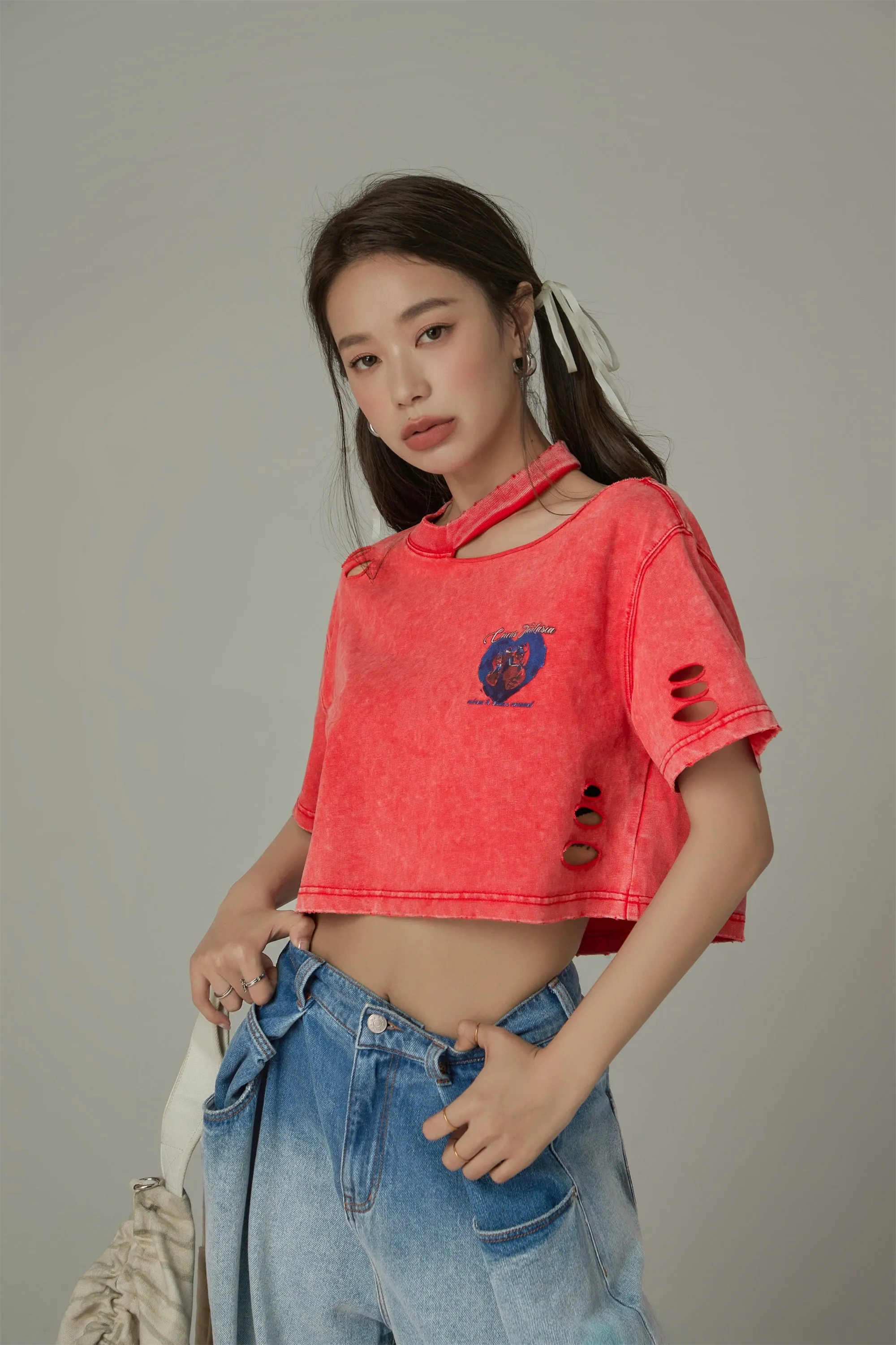 Distressed One-Shoulder Cropped T-Shirt