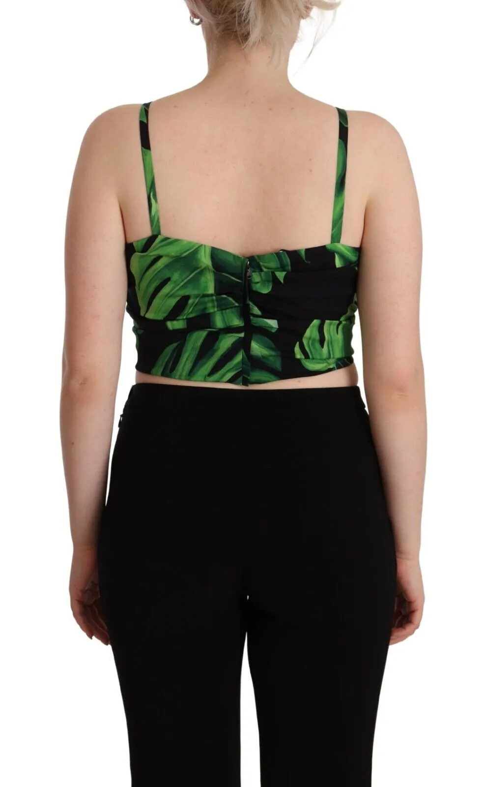 Dolce & Gabbana Black Green Leaf Silk Halter Cropped Top