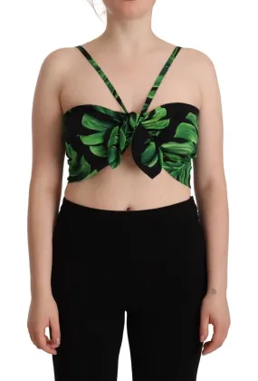 Dolce & Gabbana Black Green Leaf Silk Halter Cropped Top