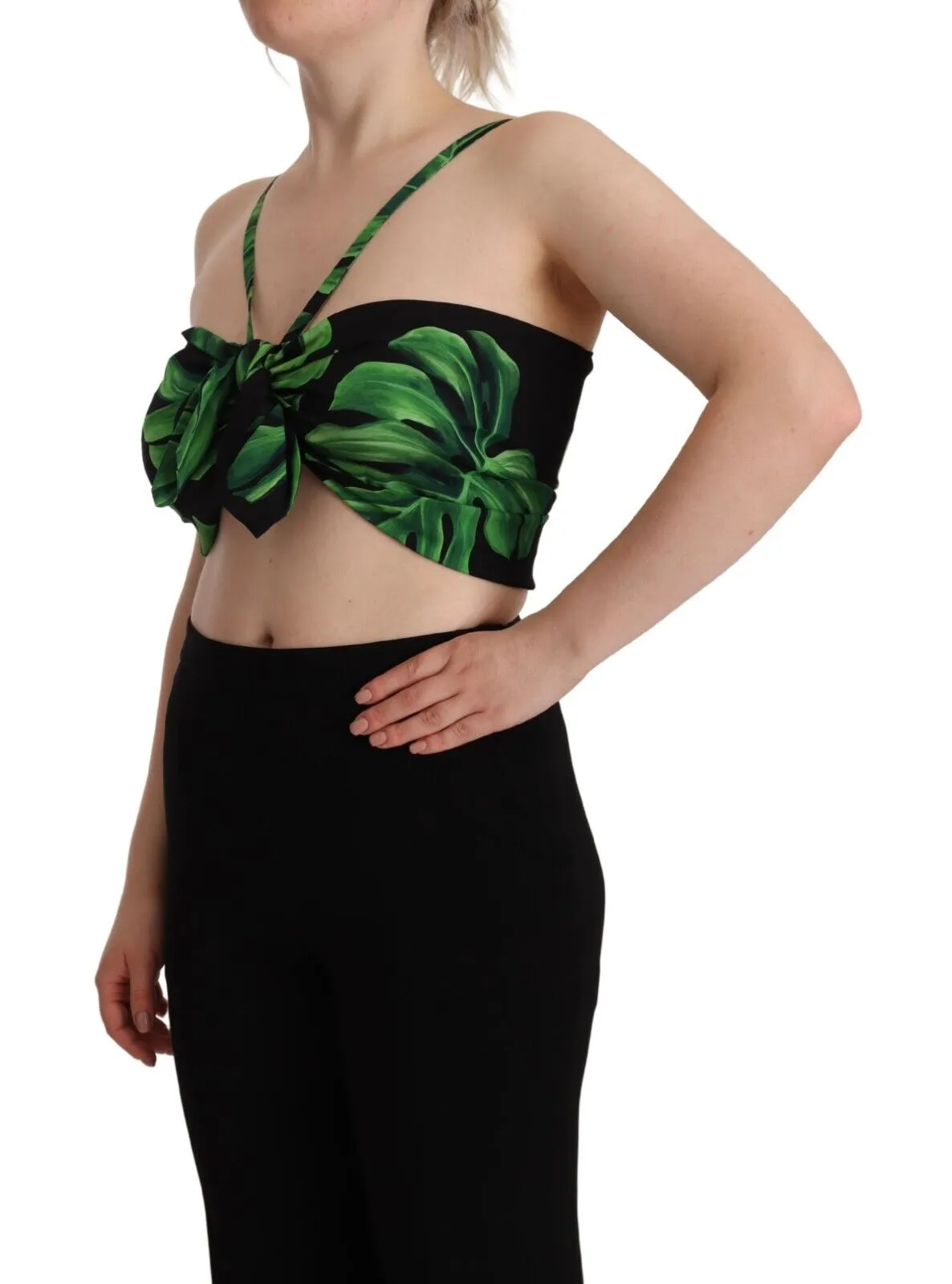 Dolce & Gabbana Black Green Leaf Silk Halter Cropped Top