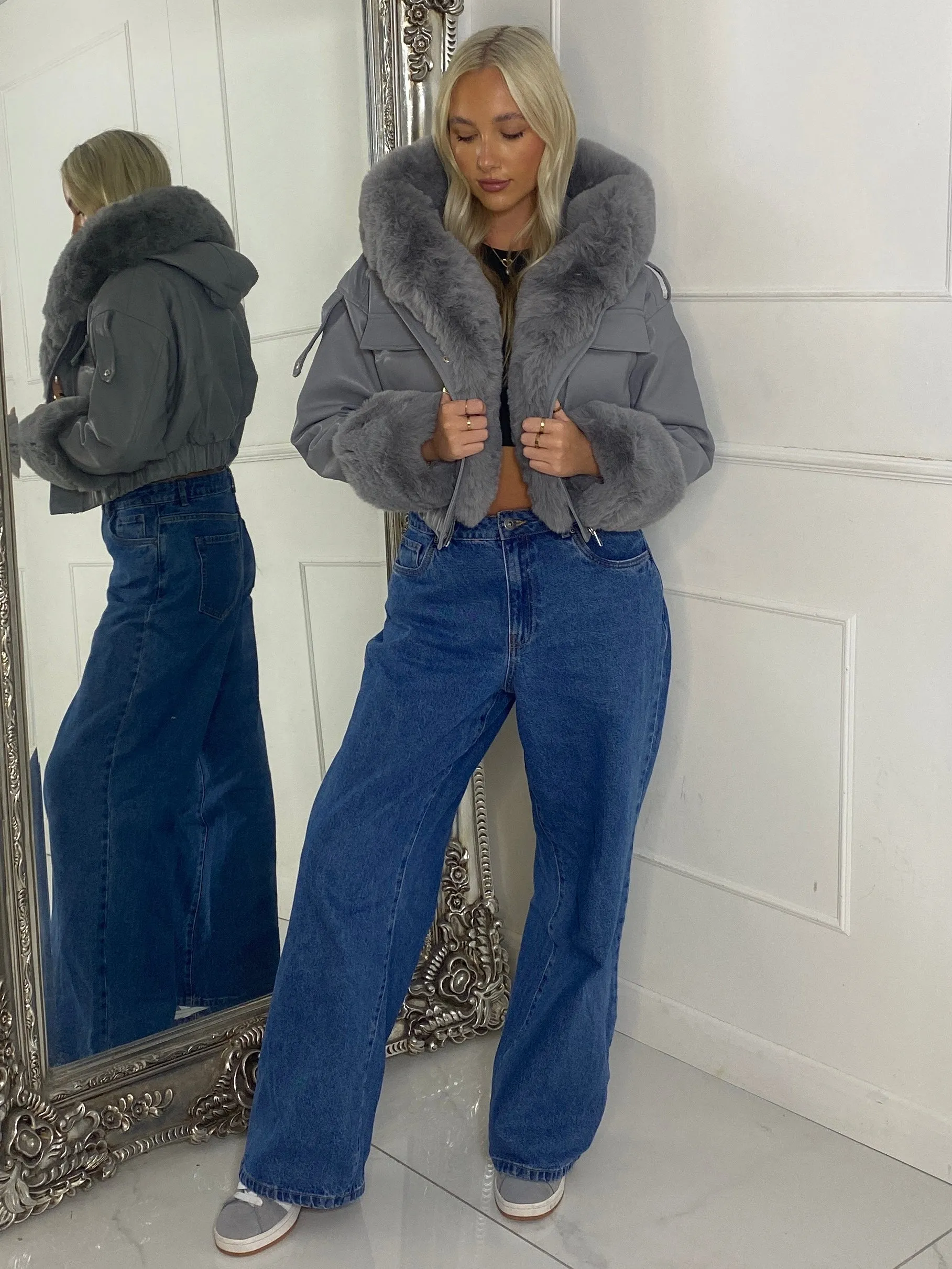 Faux Fur Cuff & Pocket Detail Pu Contrast Jacket - Grey