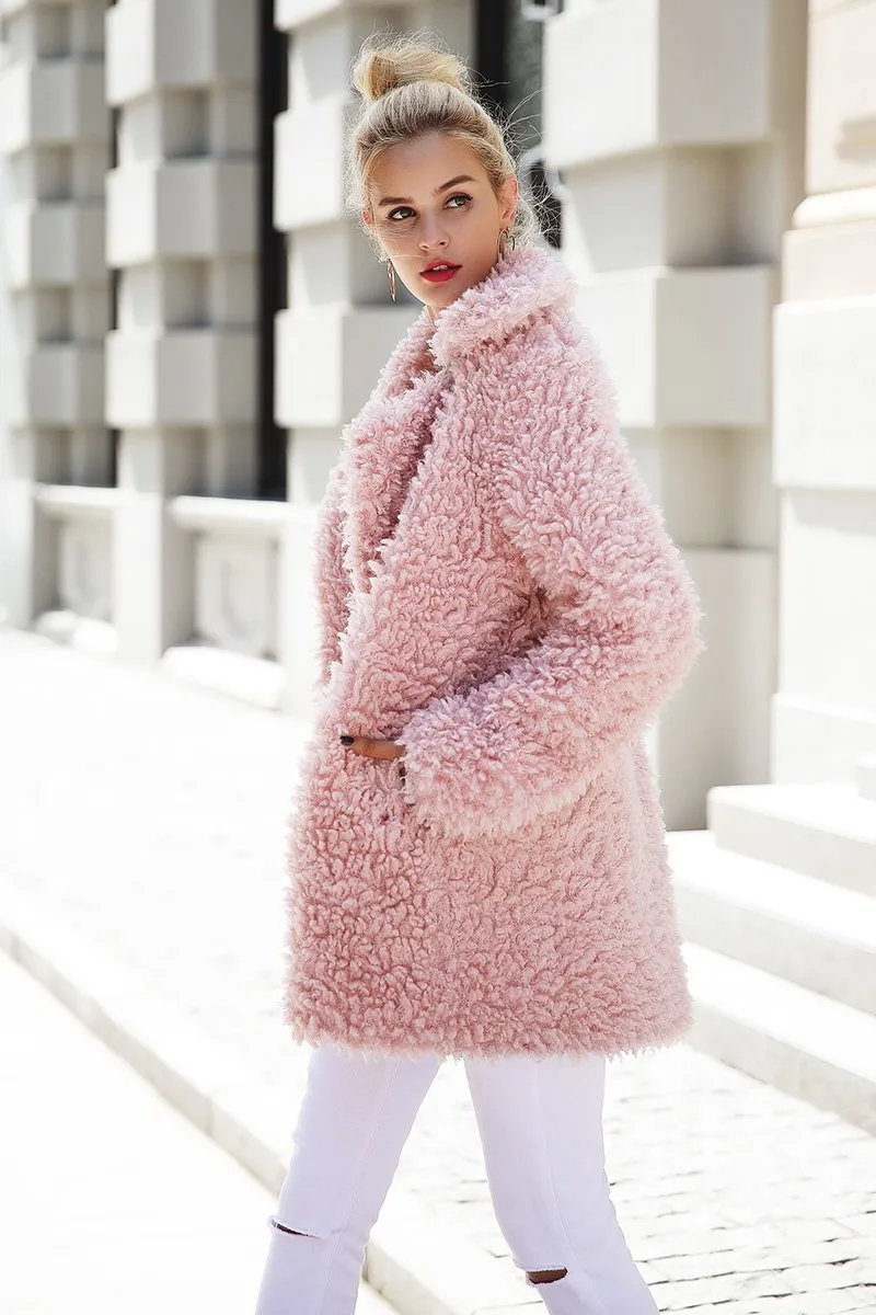 Faux Fur Long Casual Pink Coat