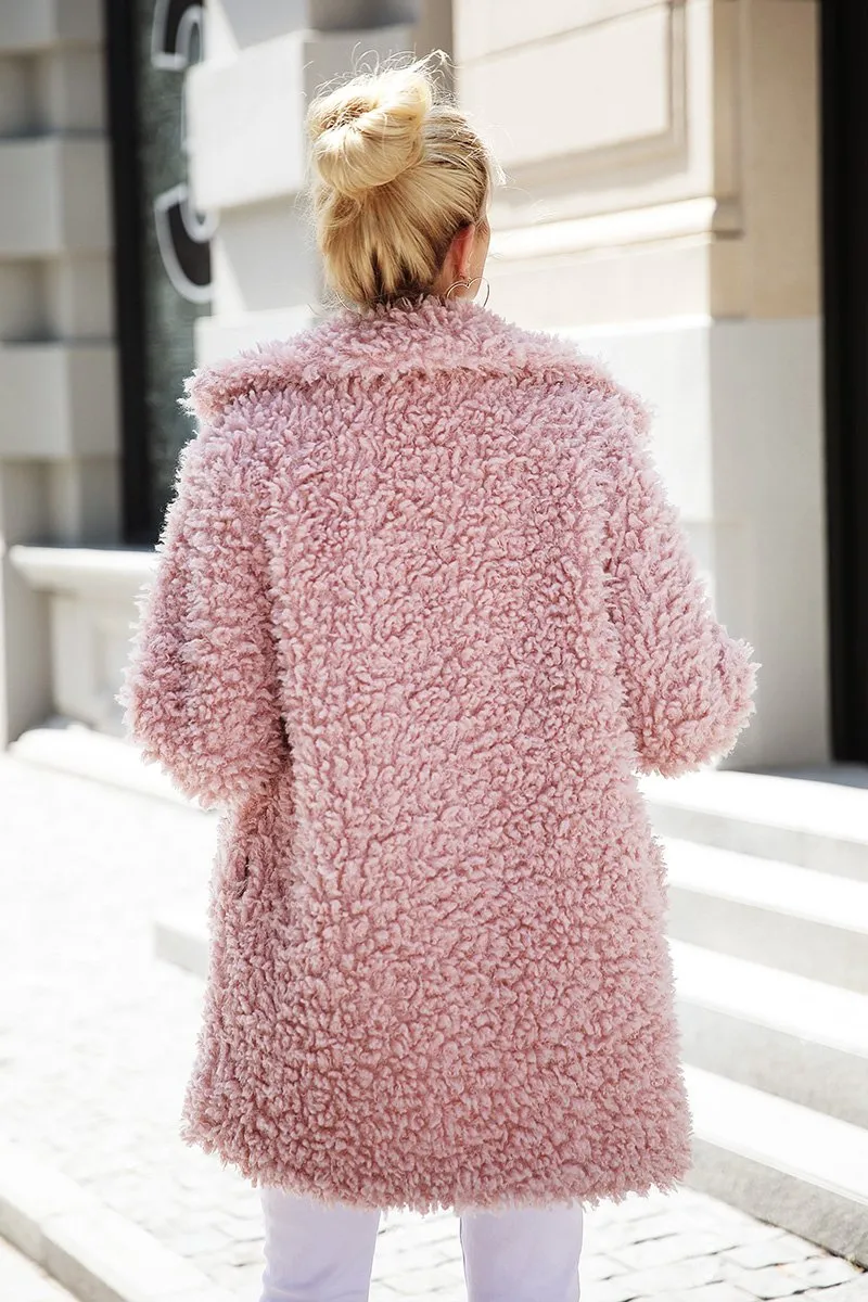 Faux Fur Long Casual Pink Coat