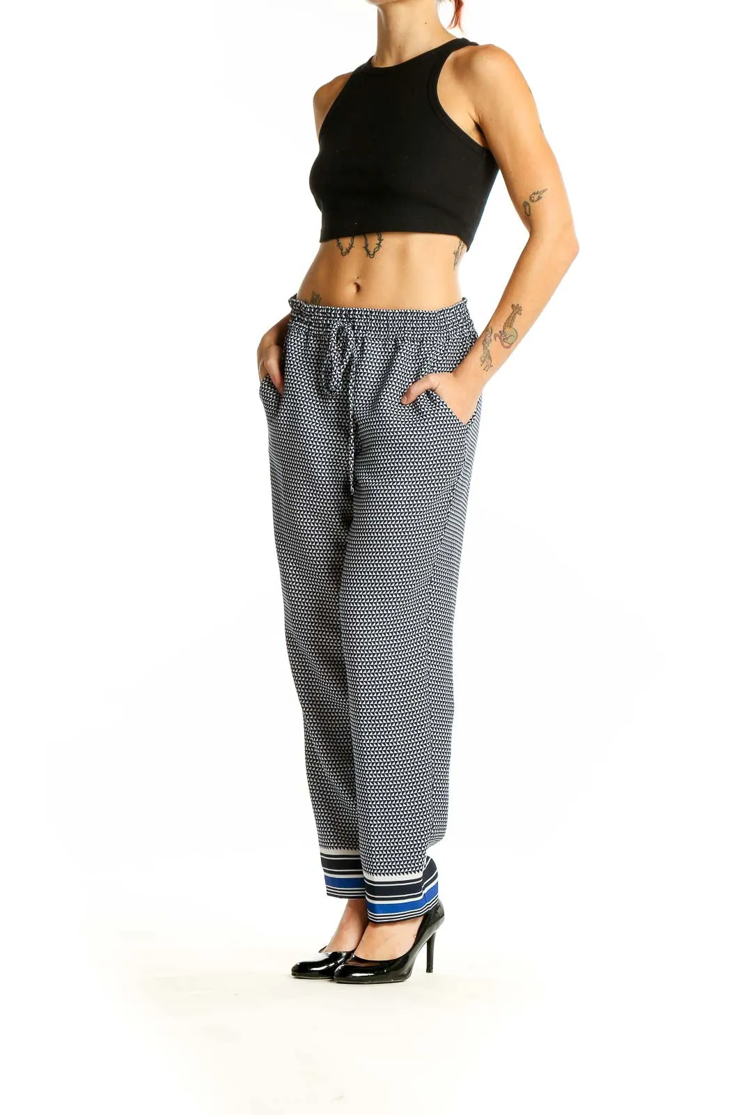 Gray Geometric Print Drawstring Pants