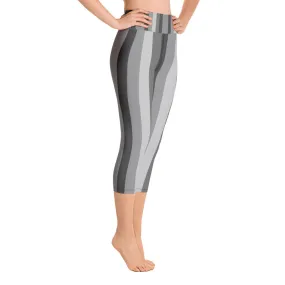 Gray Striped Ladies' Tights, Women's Yoga Capri Pants Leggings With Pockets- Made in USA