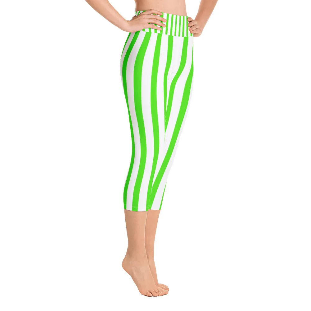 Green Striped Yoga Capri Leggings, White Vertical Striped Women's Capris-Made in USA/EU