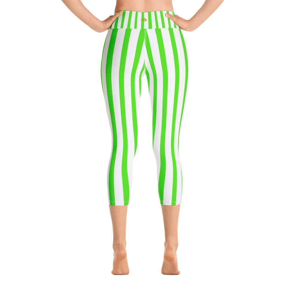 Green Striped Yoga Capri Leggings, White Vertical Striped Women's Capris-Made in USA/EU