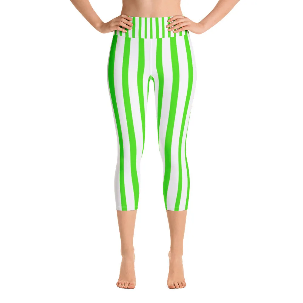 Green Striped Yoga Capri Leggings, White Vertical Striped Women's Capris-Made in USA/EU