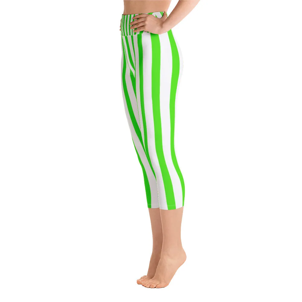 Green Striped Yoga Capri Leggings, White Vertical Striped Women's Capris-Made in USA/EU