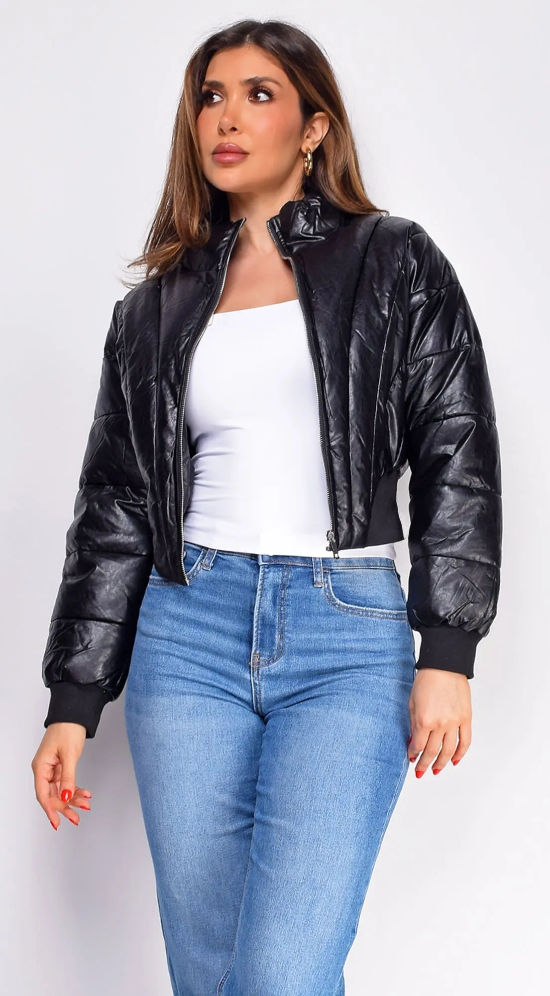 Imaria Black PU Leather Bubble Cropped Puffer Jacket