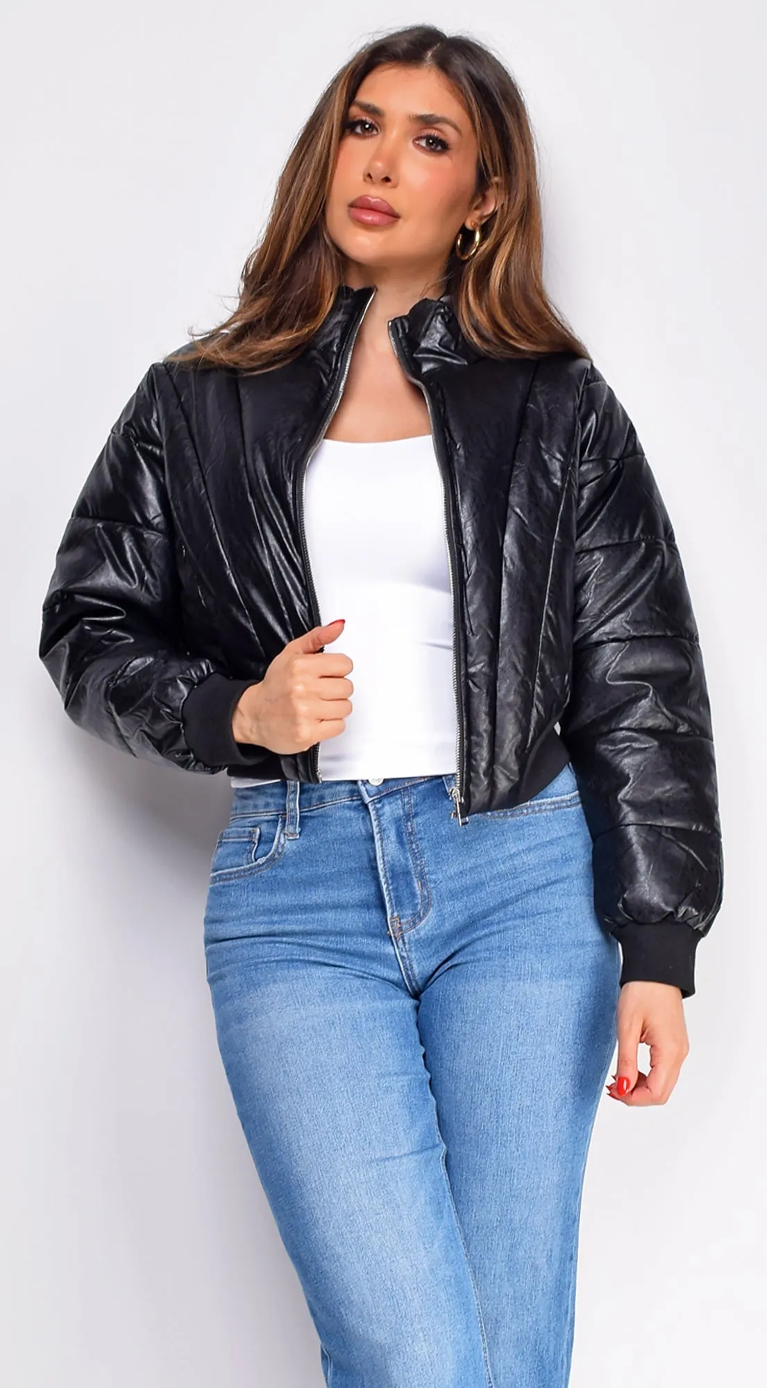 Imaria Black PU Leather Bubble Cropped Puffer Jacket