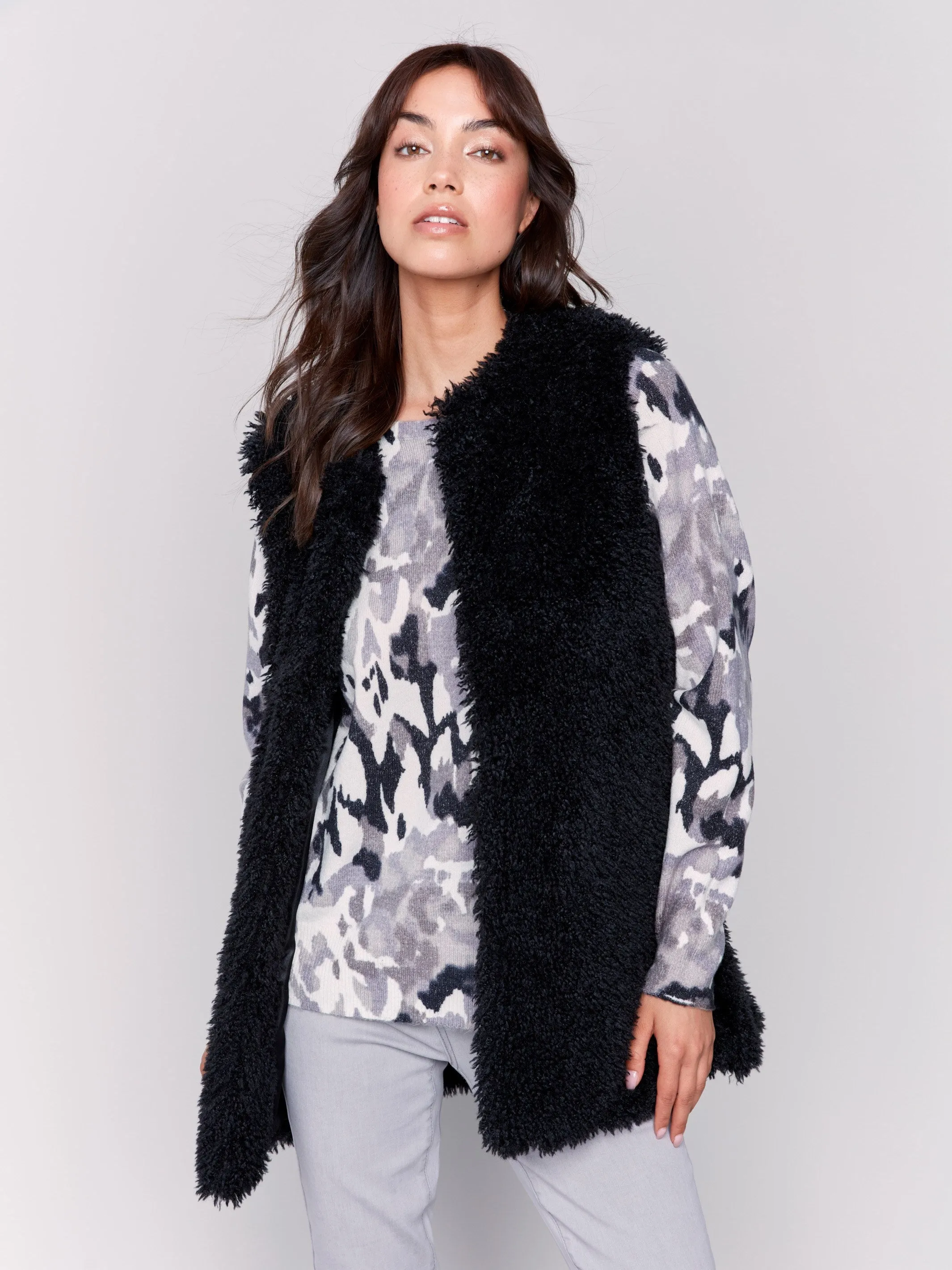 Long Faux Fur Vest - Black