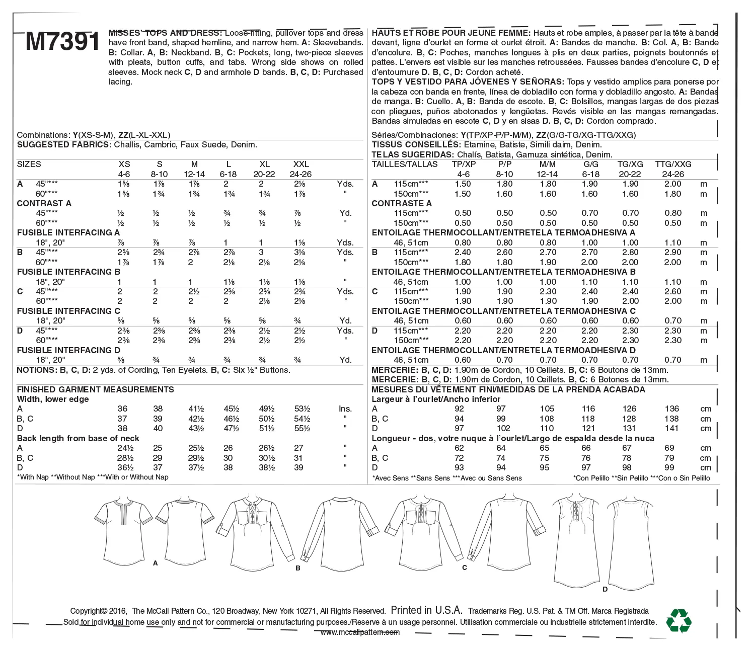 M7391 Misses' Laced or Split-Neck Tops and Dress