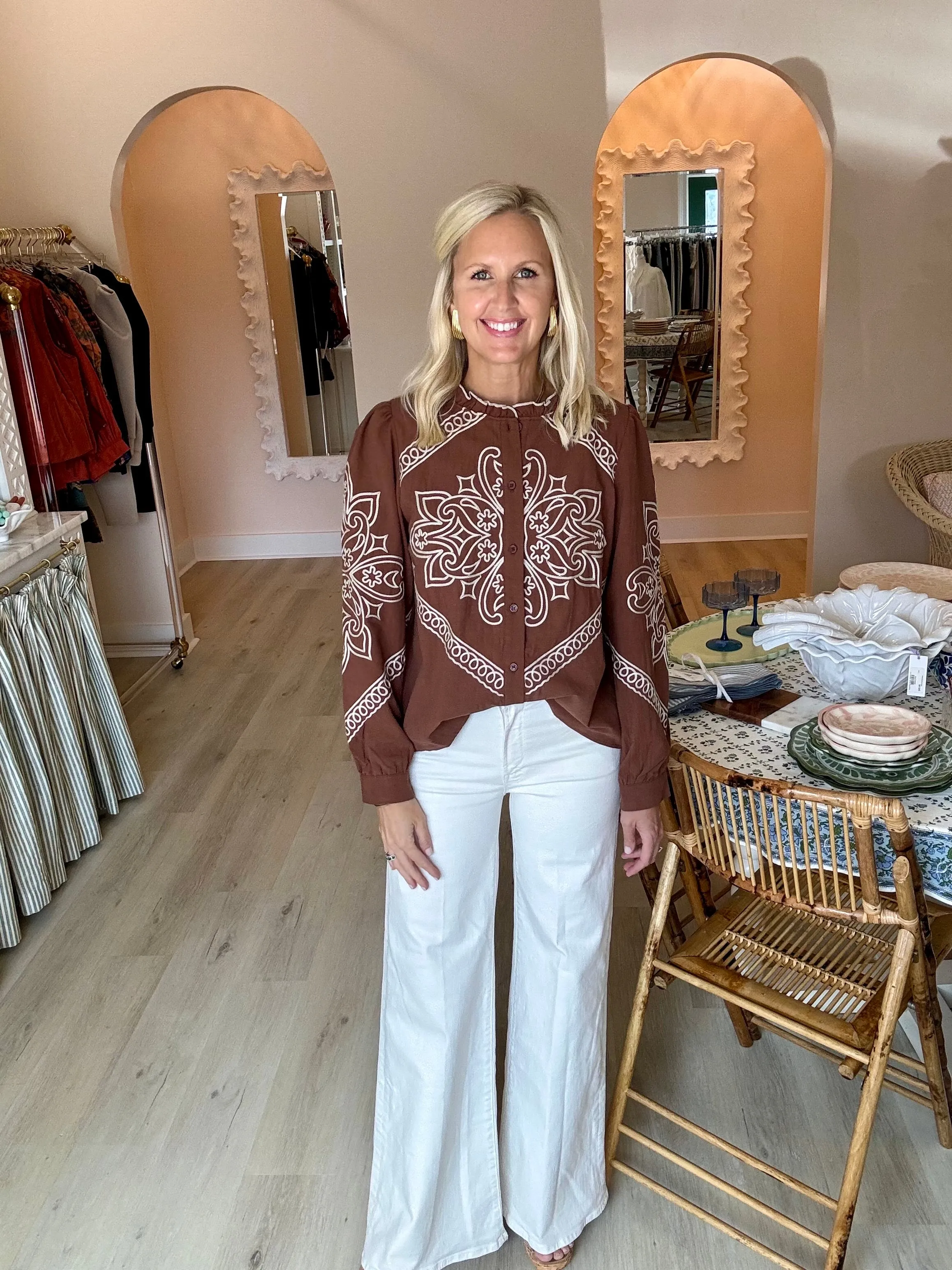 Mocha Brown Embroidered Button Down Blouse