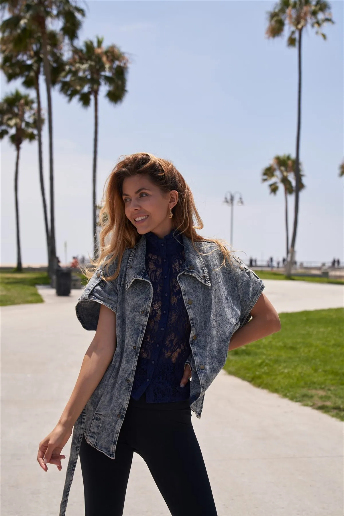 Navy Blue Mock-neck Sheer Button Down Lace Top