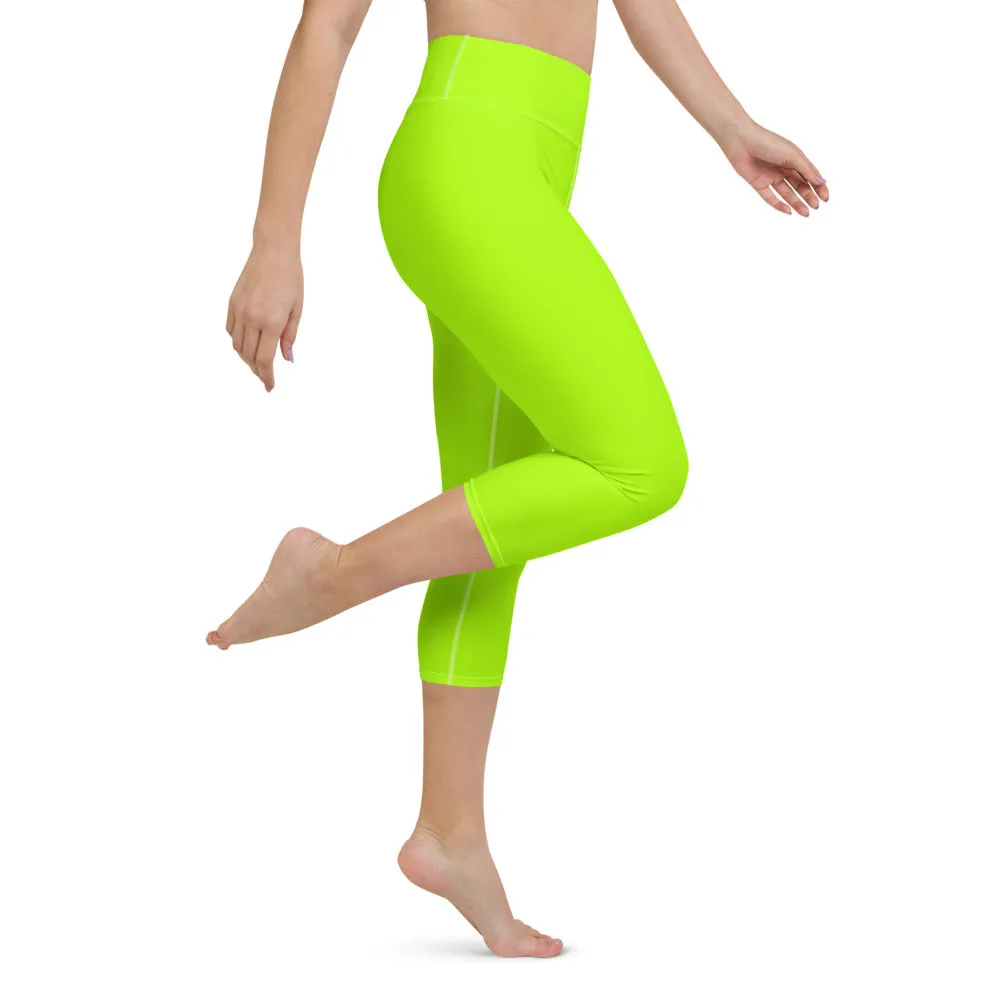 Neon Green Yoga Capri Leggings, Ladies Solid Color Green Yoga Pants-Made in USA/EU