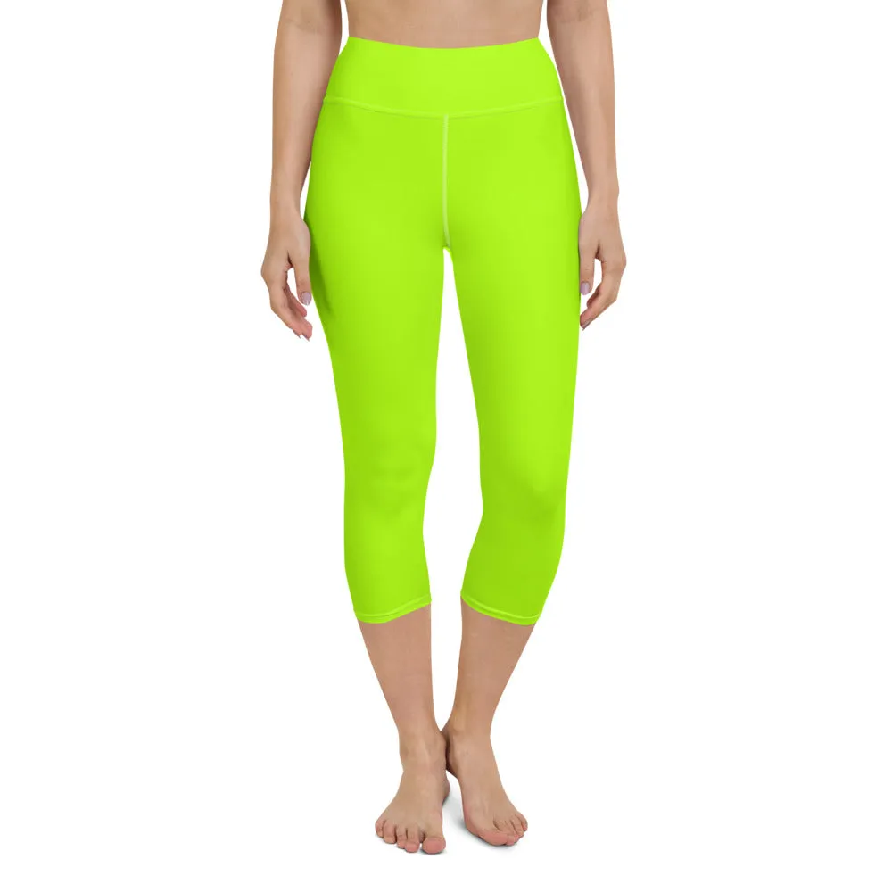 Neon Green Yoga Capri Leggings, Ladies Solid Color Green Yoga Pants-Made in USA/EU