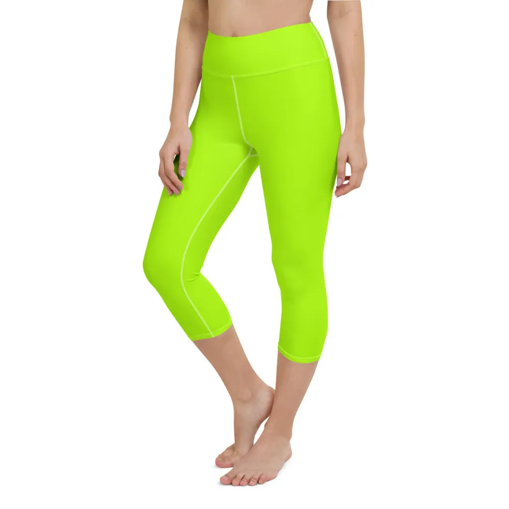 Neon Green Yoga Capri Leggings, Ladies Solid Color Green Yoga Pants-Made in USA/EU