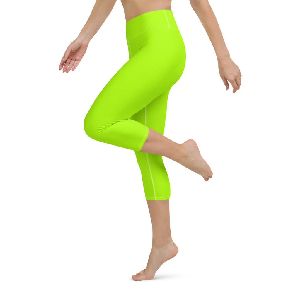 Neon Green Yoga Capri Leggings, Ladies Solid Color Green Yoga Pants-Made in USA/EU