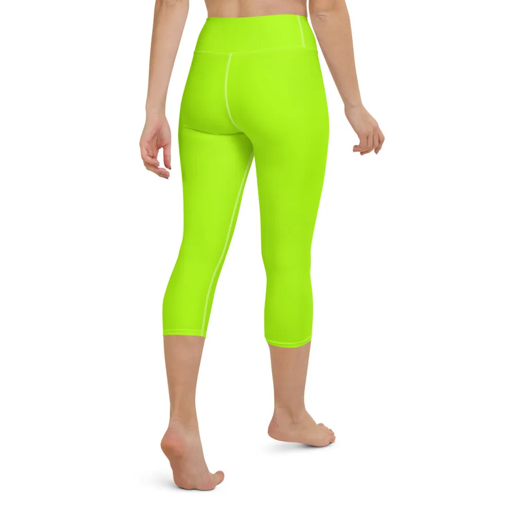 Neon Green Yoga Capri Leggings, Ladies Solid Color Green Yoga Pants-Made in USA/EU