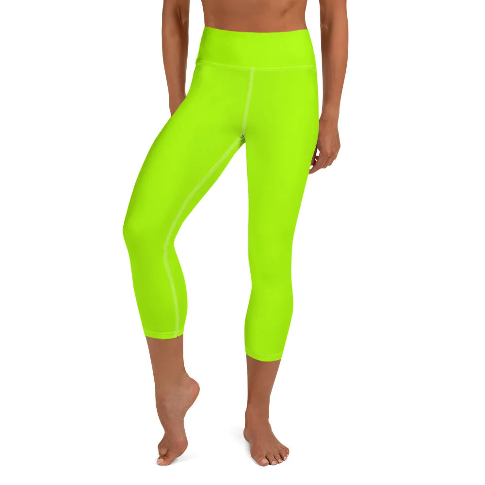 Neon Green Yoga Capri Leggings, Ladies Solid Color Green Yoga Pants-Made in USA/EU