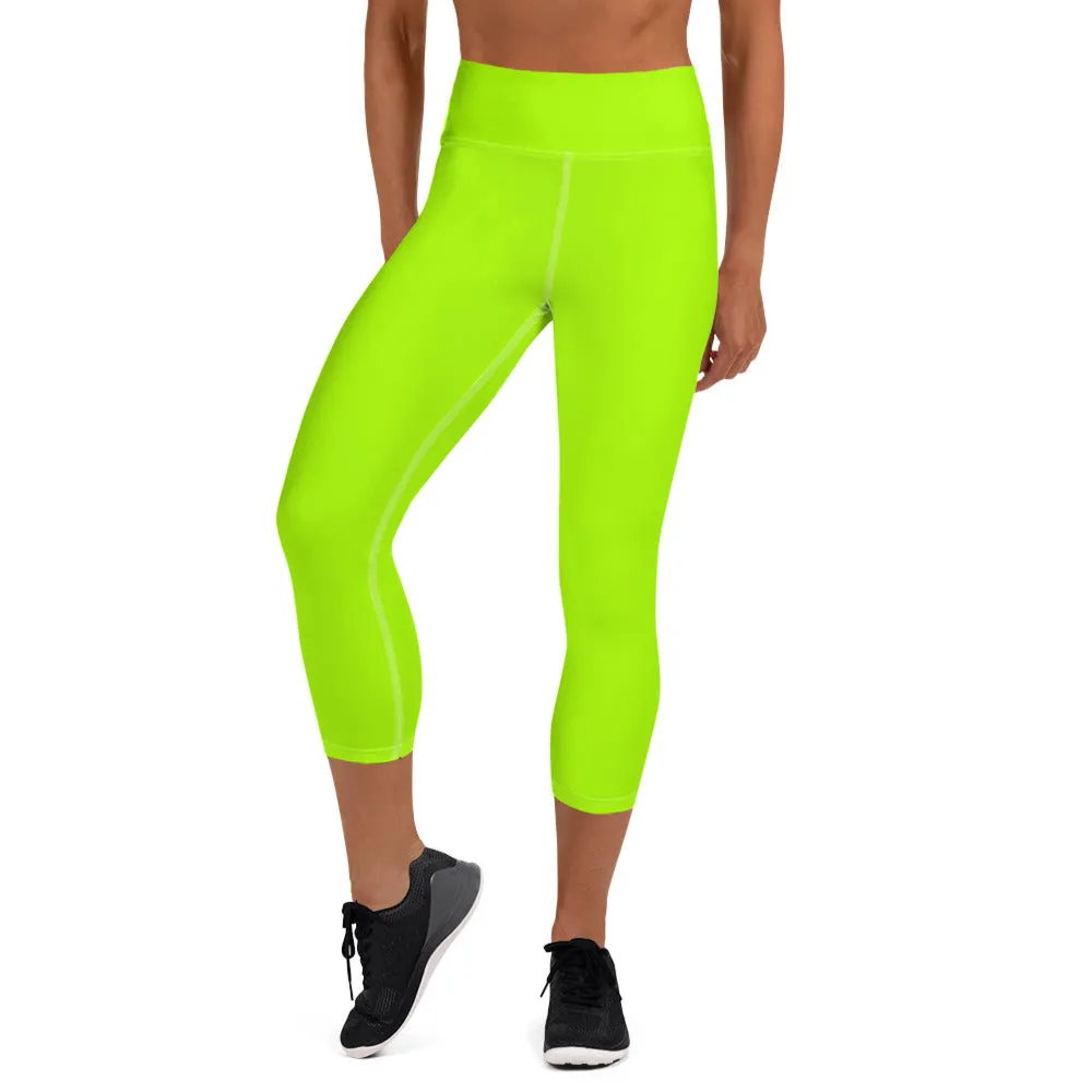 Neon Green Yoga Capri Leggings, Ladies Solid Color Green Yoga Pants-Made in USA/EU