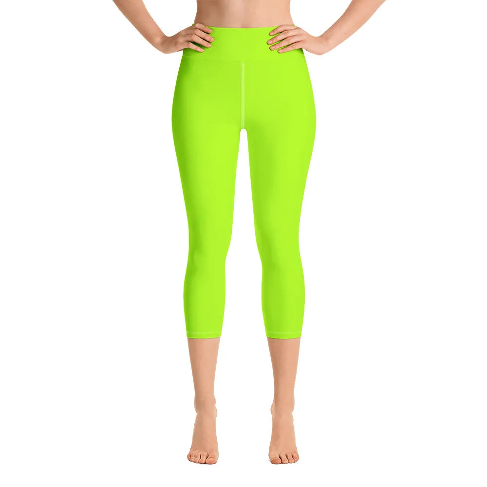 Neon Green Yoga Capri Leggings, Ladies Solid Color Green Yoga Pants-Made in USA/EU