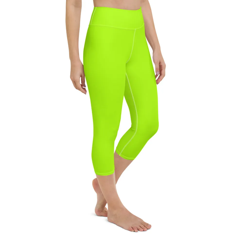 Neon Green Yoga Capri Leggings, Ladies Solid Color Green Yoga Pants-Made in USA/EU